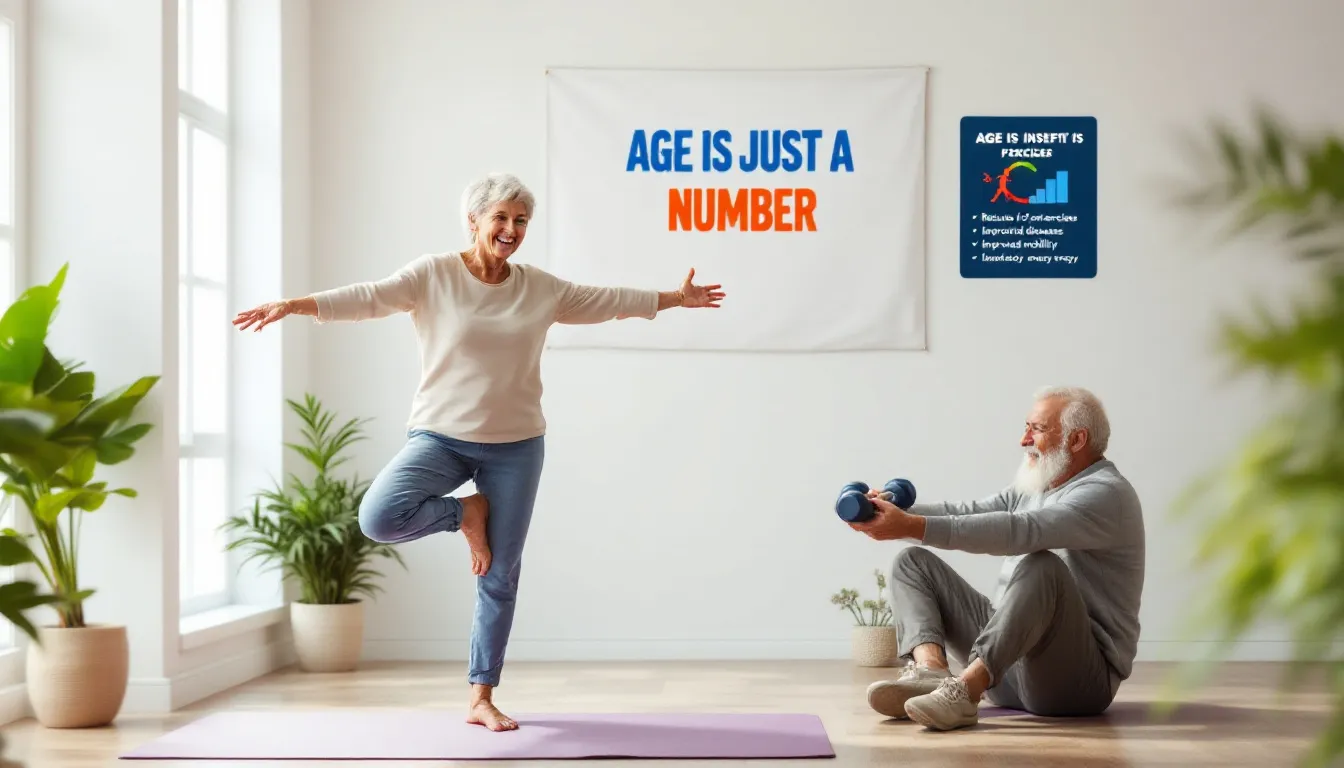 An elderly couple engaging in physical activities, promoting healthy aging.