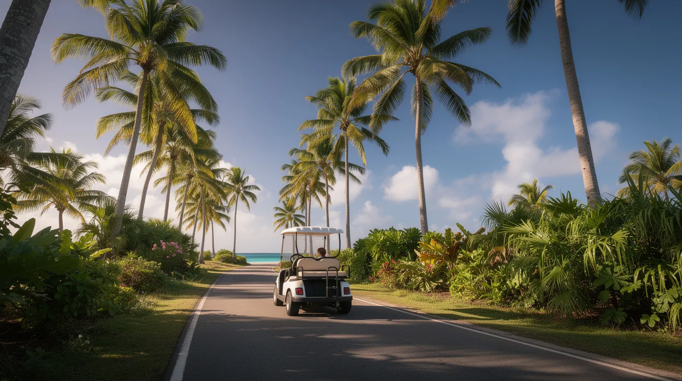 A golf cart is driving along a tropical island road surrounded by palm trees, under a bright blue sky, evoking the relaxed vibe of a Cancun trip. This picturesque scene captures the essence of exploring Cancun's hotel zone, perfect for a beach day or a day trip to nearby attractions like Playa del Carmen or Tulum ruins.
