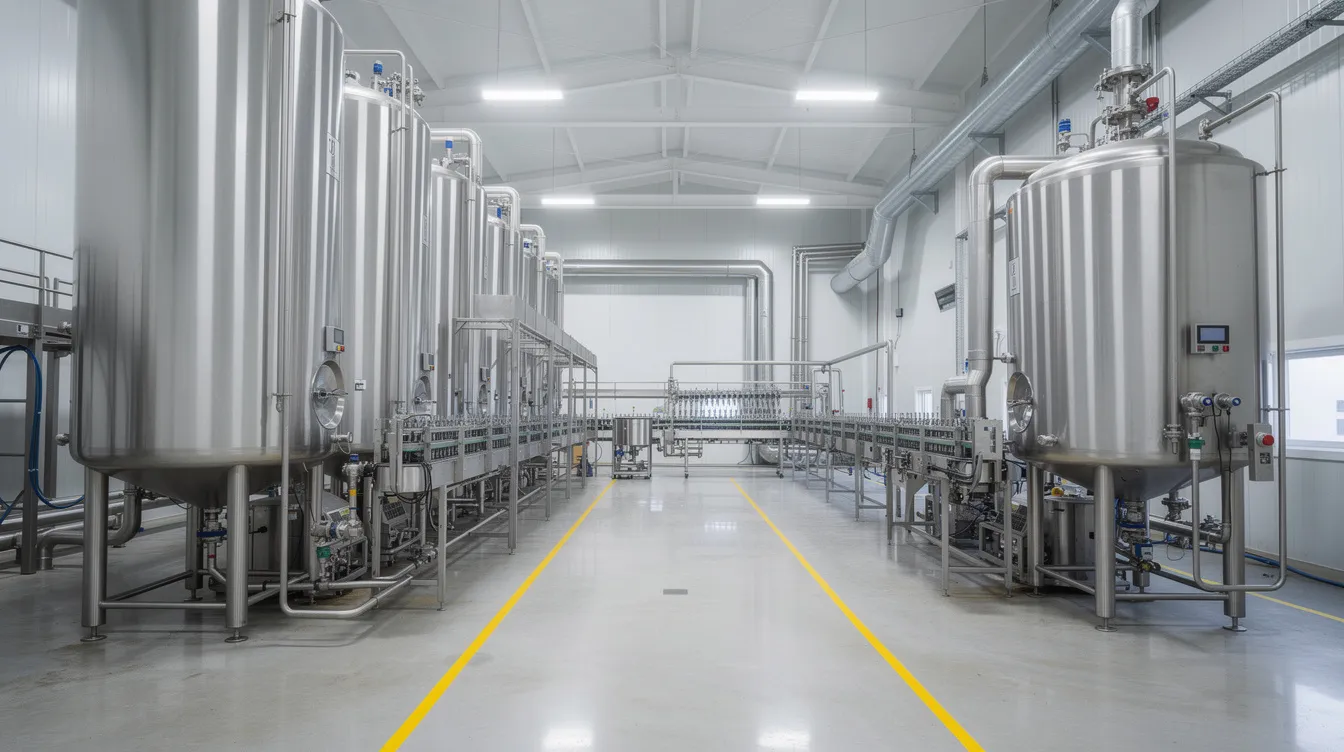 b91206a6 4003 426c a081 2f24c70cd181 The image depicts large stainless steel milk processing equipment inside a modern dairy factory, designed for the efficient production of various milk products, including whole milk powder and skim milk powder. The advanced machinery showcases the manufacturing process, which involves techniques like spray drying and heat treatment to ensure high nutritional value and quality of the final dried milk products.