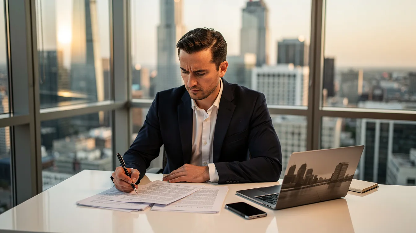 An executive in a modern glass-walled office overlooking a city skyline while reviewing documents.