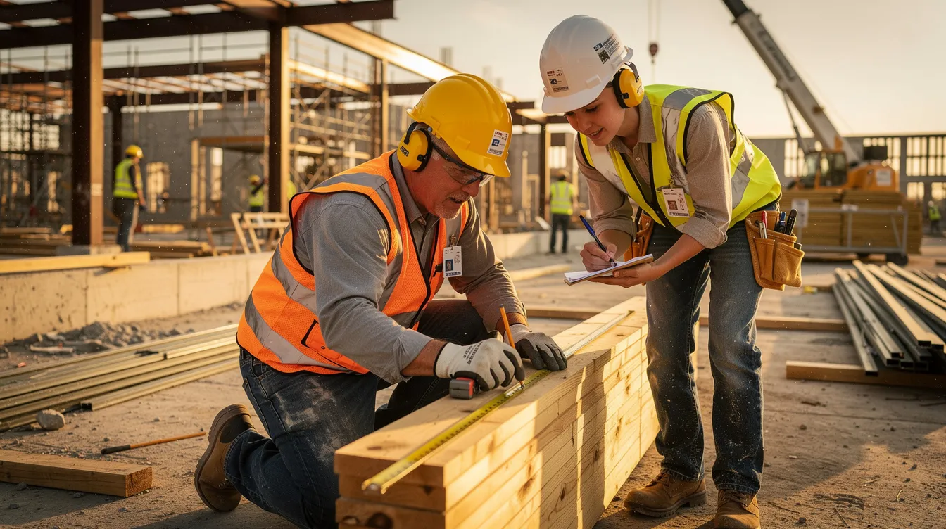 A skilled construction mentor is demonstrating proper techniques to a young apprentice on an active job site, emphasizing the importance of safety and effective training in the construction industry. This apprenticeship program reflects the commitment to developing skilled craftspeople through valuable resources and ethical practices.