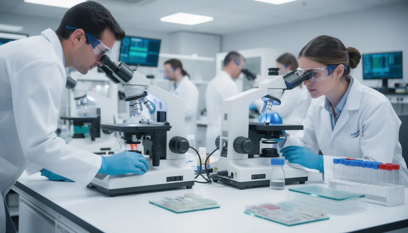 In a laboratory setting, researchers are intently examining samples under microscopes, focusing on hair follicle cells to explore peptides for hair growth. Their work aims to promote healthy hair growth and understand the factors that influence hair density and regeneration.