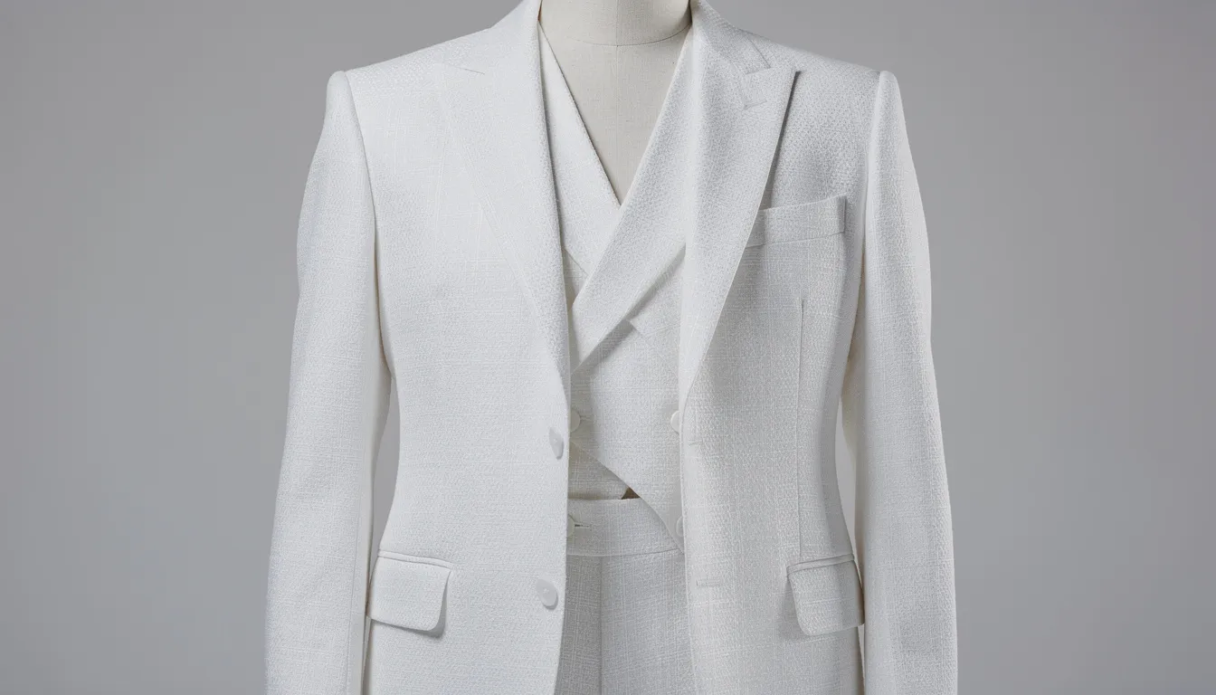 Biały garnitur na ślub – dla kogo, kiedy i jak go wystylizować? 13 Na zdjęciu znajduje się elegancki biały garnitur męski w stylu glamour, składający się z marynarki, kamizelki i spodni, wyeksponowany na manekinie. Garnitur charakteryzuje się subtelną teksturą materiału, co podkreśla jego wyjątkowy charakter, idealnie nadając się na ślub lub inne wyjątkowe okazje.