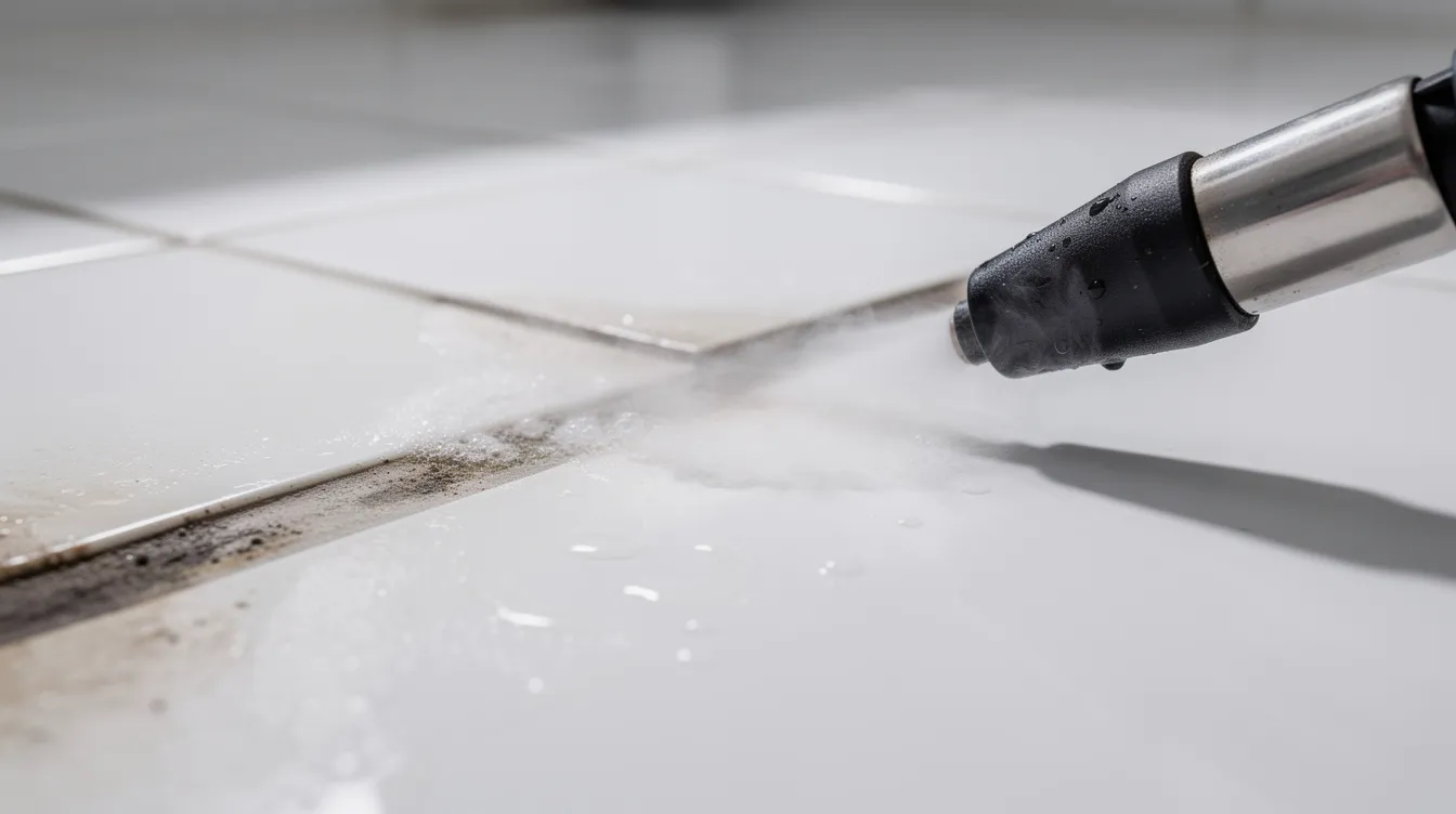 A close-up view of a professional cleaner using steam cleaning equipment to thoroughly clean bathroom tiles and grout, showcasing the removal of hidden dirt and stains. This image highlights the effectiveness of deep cleaning services in maintaining a sparkling clean and healthy environment.