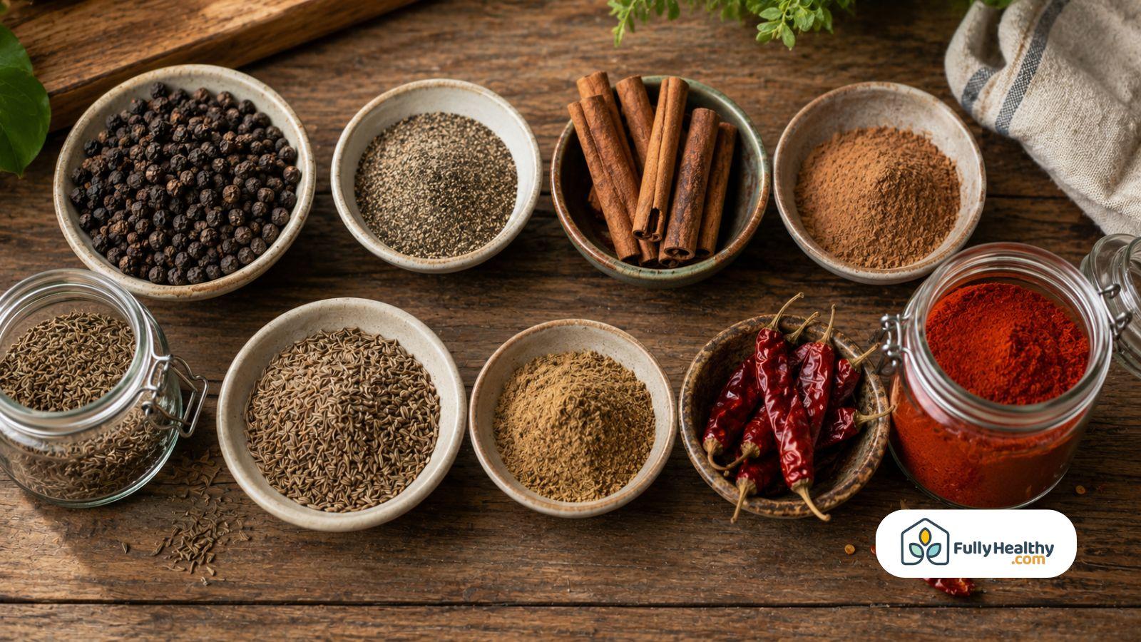 Whole and ground spices arranged in bowls on wooden table