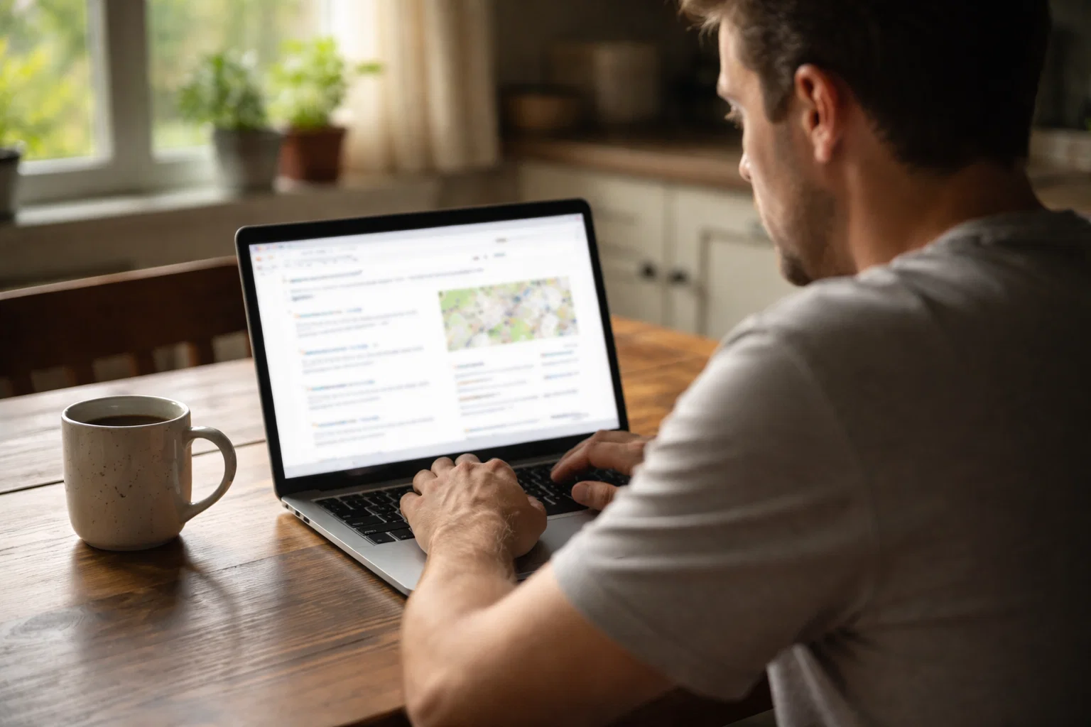 Homeowner searching online for local estate agents on a laptop in a bright kitchen.
