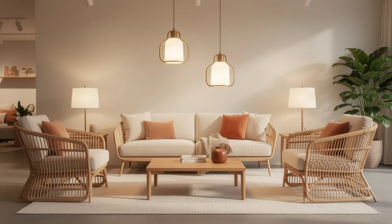 Een stijlvolle showroom met een uitgebreide collectie rotan meubels, waaronder elegante rotan stoelen en een sfeervolle eettafel, verlicht door warme lampen die een gezellige ambiance creëren. De natuurlijke uitstraling van het rotan en de luchtige afwerkingen dragen bij aan een ambachtelijke en comfortabele inrichting.