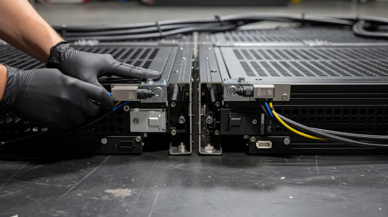 A close-up view of modular LED panel cabinets being assembled on a stage floor, showcasing the intricate details of the individual LED panels that contribute to high-resolution screens. This setup highlights the importance of pixel density and image quality in creating a visually engaging display for various indoor and outdoor projects.