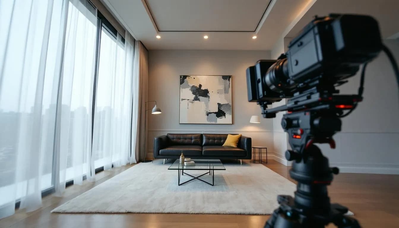 Eine 360 Grad Kamera nimmt Aufnahmen in einem eleganten Raum auf, der mit stilvollen Möbeln und dekorativen Elementen ausgestattet ist. Diese Technologie ermöglicht virtuelle Rundgänge und bietet einen umfassenden Einblick in die Gestaltung des Raumes.