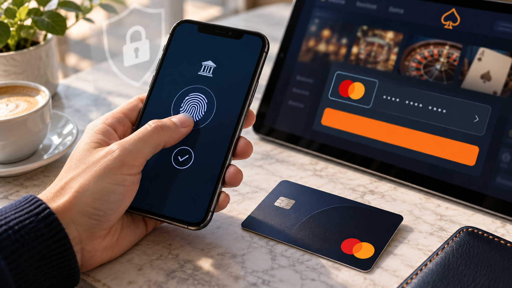 Mastercard-betaling met afgeschermde kaartgegevens en vingerafdrukverificatie op een telefoon.