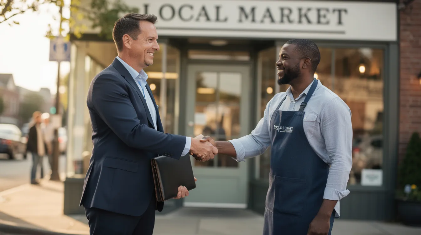 b92e27fd 58d3 4214 a772 a7324c2316bb A professional consultant is shaking hands with a small business owner outside their shop, symbolizing the partnership and support for funding options like mudra loans and cash credit schemes to help grow micro enterprises. This moment reflects the next phase in the business's journey, emphasizing the importance of collaboration in securing financial services for employment creation.