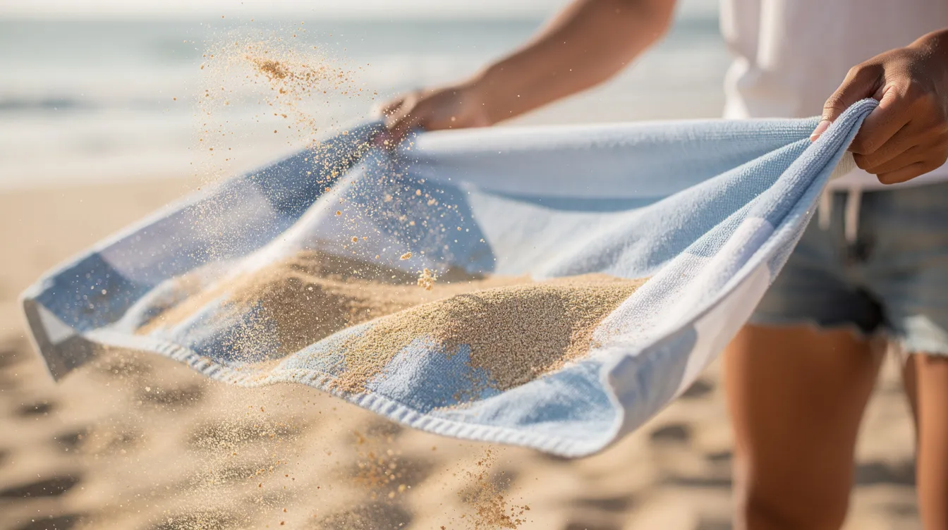 A close-up image shows a person shaking sand off a lightweight beach towel at a sandy beach, highlighting the towel's sand resistance and quick-drying fabric. The scene captures the essence of beach days, with soft sand particles flying away, making it ideal for lounging comfortably under the sun.