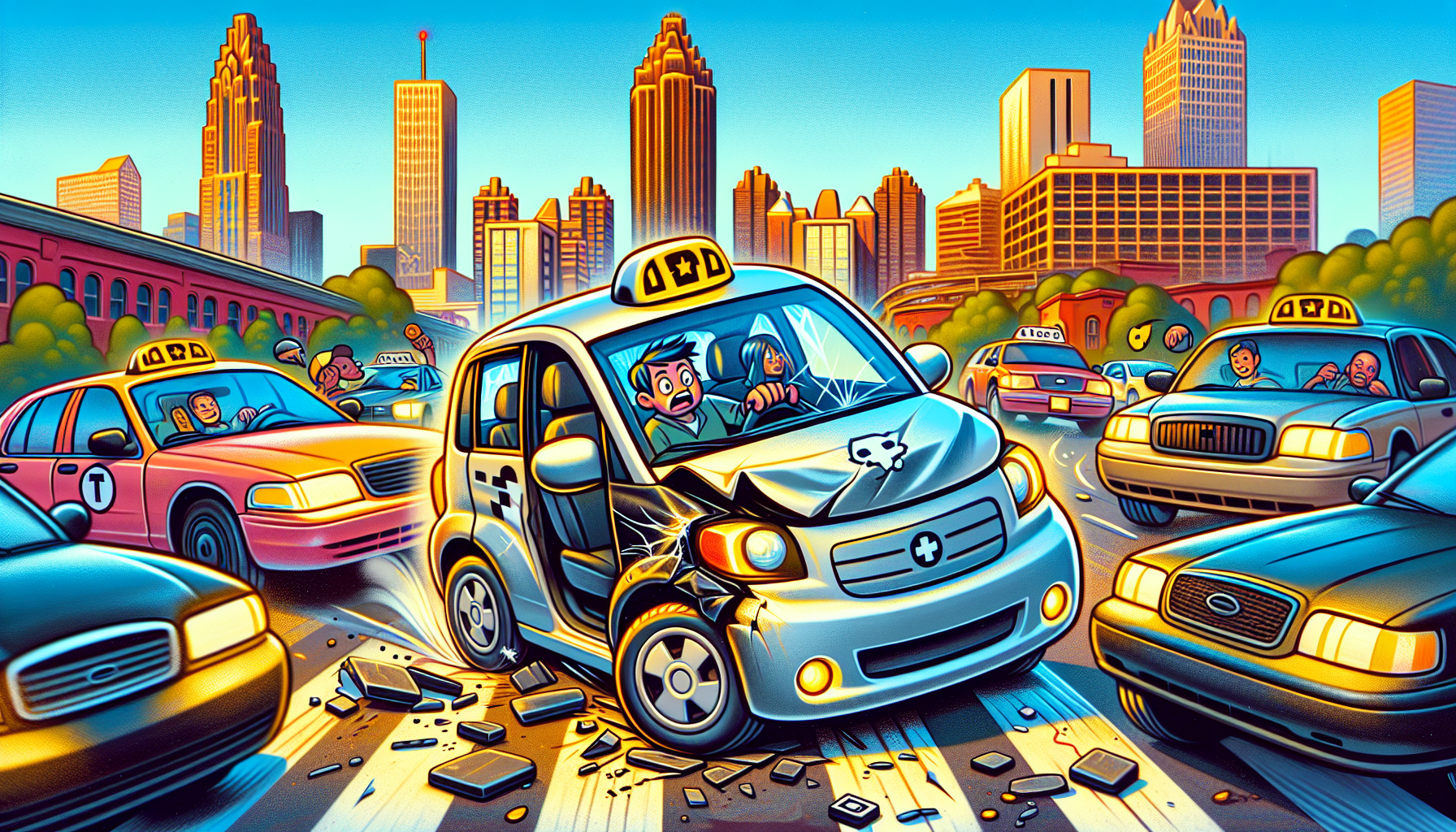 An illustration depicting an Uber accident scene in Atlanta, emphasizing the concept of rideshare accidents.