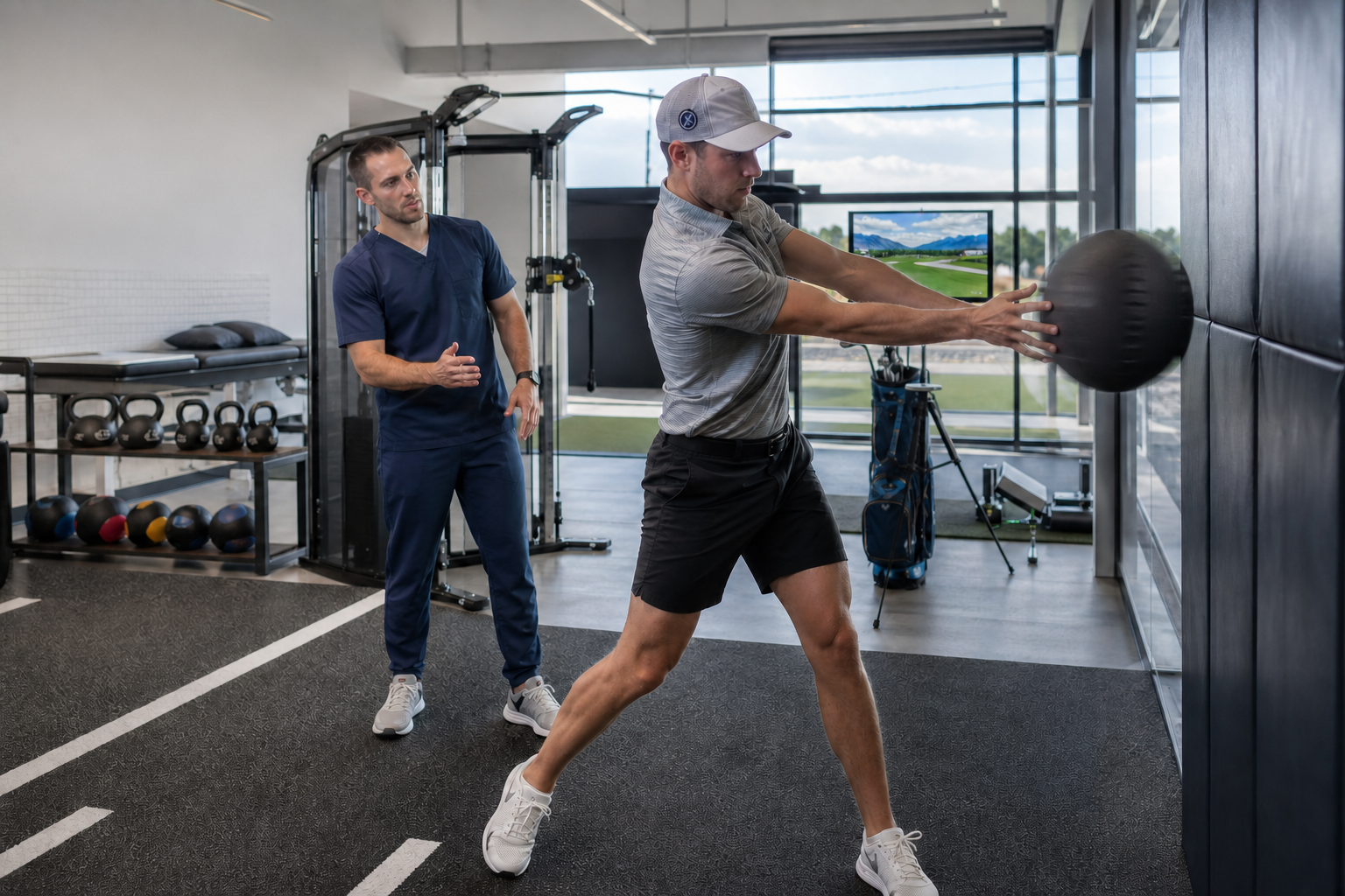Physical therapist coaching a golfer through a rotational medicine ball throw in a modern sports physical therapy clinic.