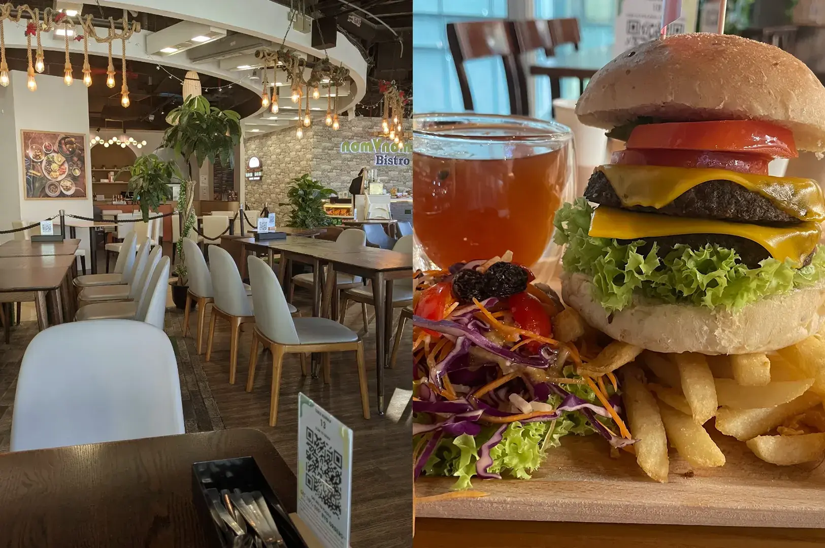 nomVnom Bistro interior and burger with fries.