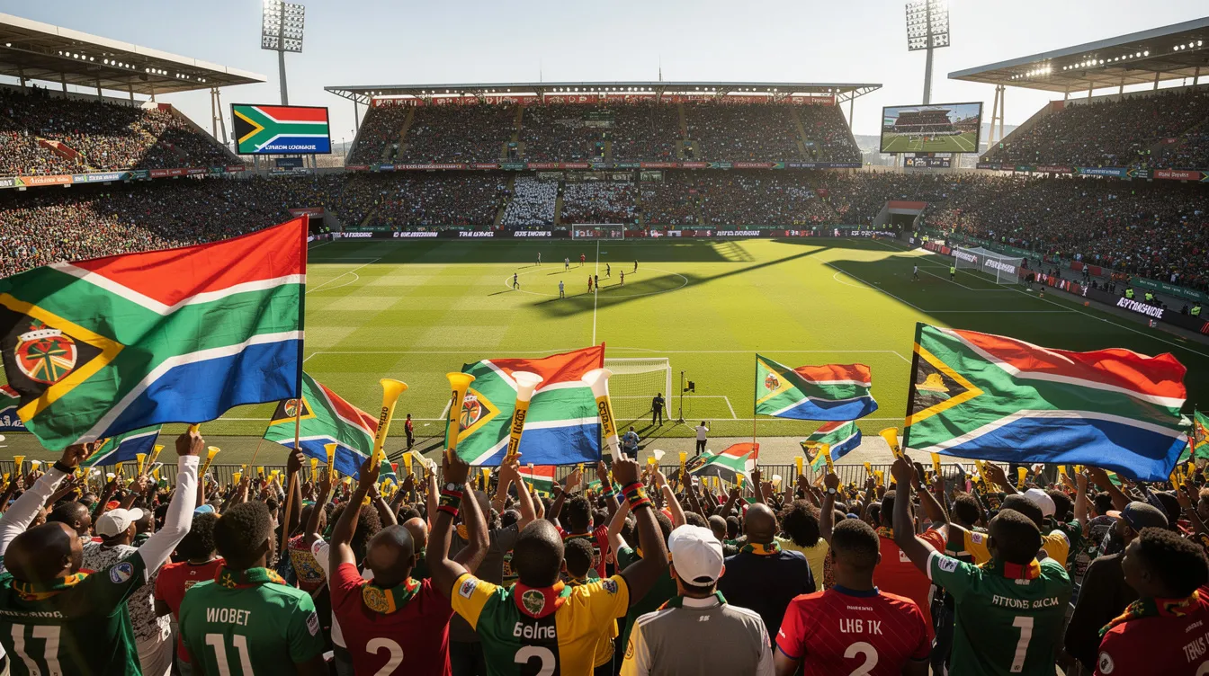 The image shows a vibrant football stadium in South Africa filled with enthusiastic fans waving colorful flags during a Premier Soccer League match, creating an electrifying atmosphere typical of major sporting events. The scene captures the excitement of soccer betting as fans cheer for their teams, embodying the spirit of competitive sports and the thrill of placing bets on their favorite players and outcomes.