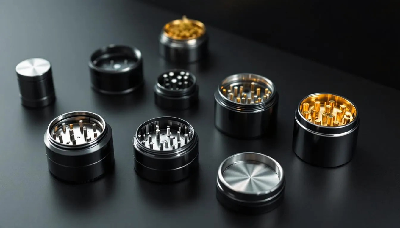A display of high-end weed grinders with various features.