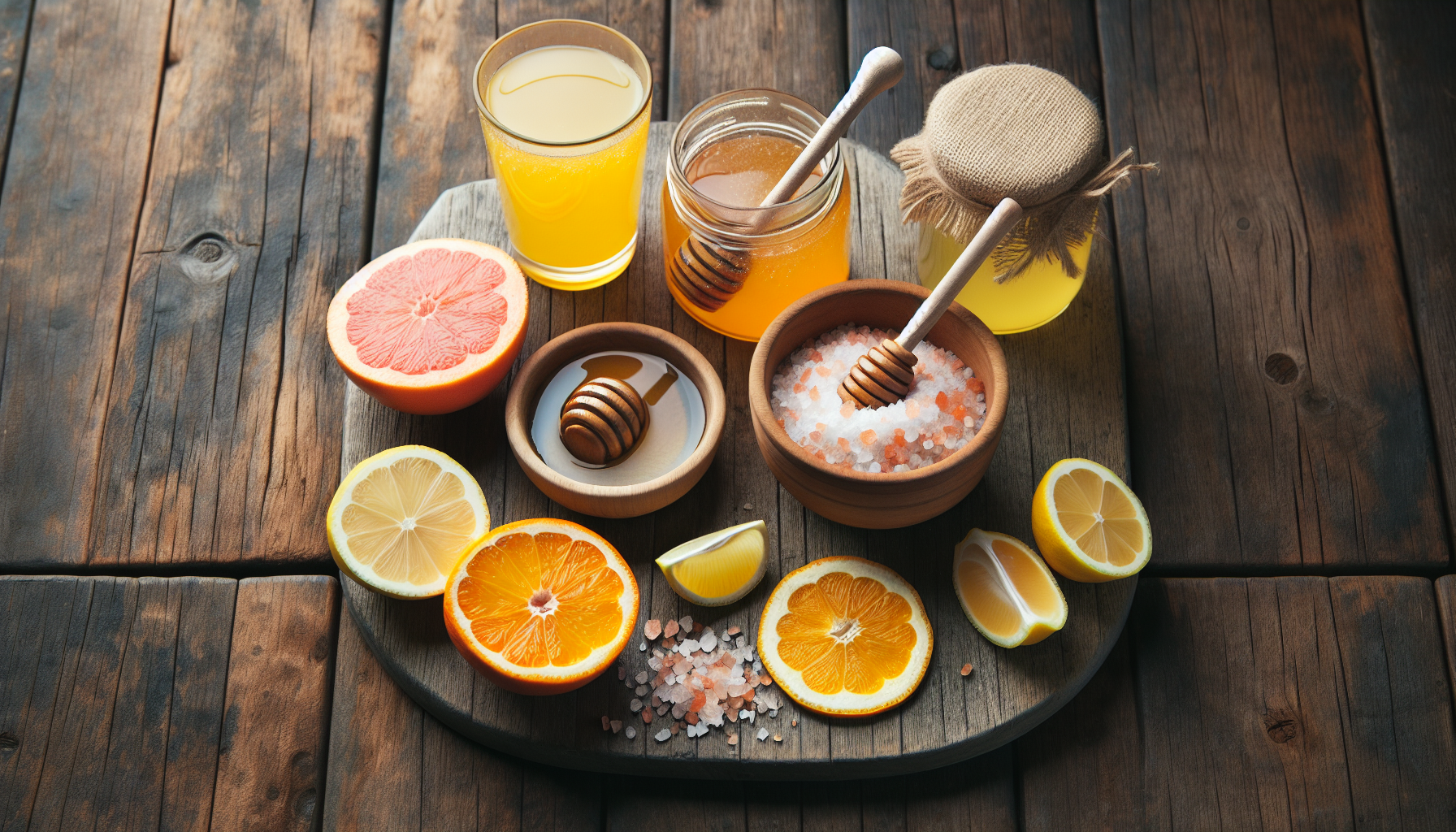 Ingredients for homemade electrolyte water including salt, sweeteners, and citrus juice