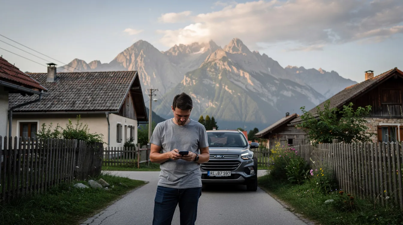 Un voyageur consulte son téléphone devant une voiture garée dans un village de montagne.