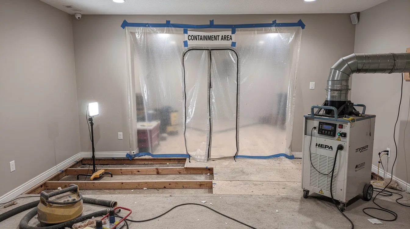 The image shows an air scrubber and a containment barrier set up in a room undergoing mold remediation, designed to prevent the spread of mold spores during the mold removal process. The containment area is likely isolating contaminated materials while maintaining indoor air quality for the unaffected areas.