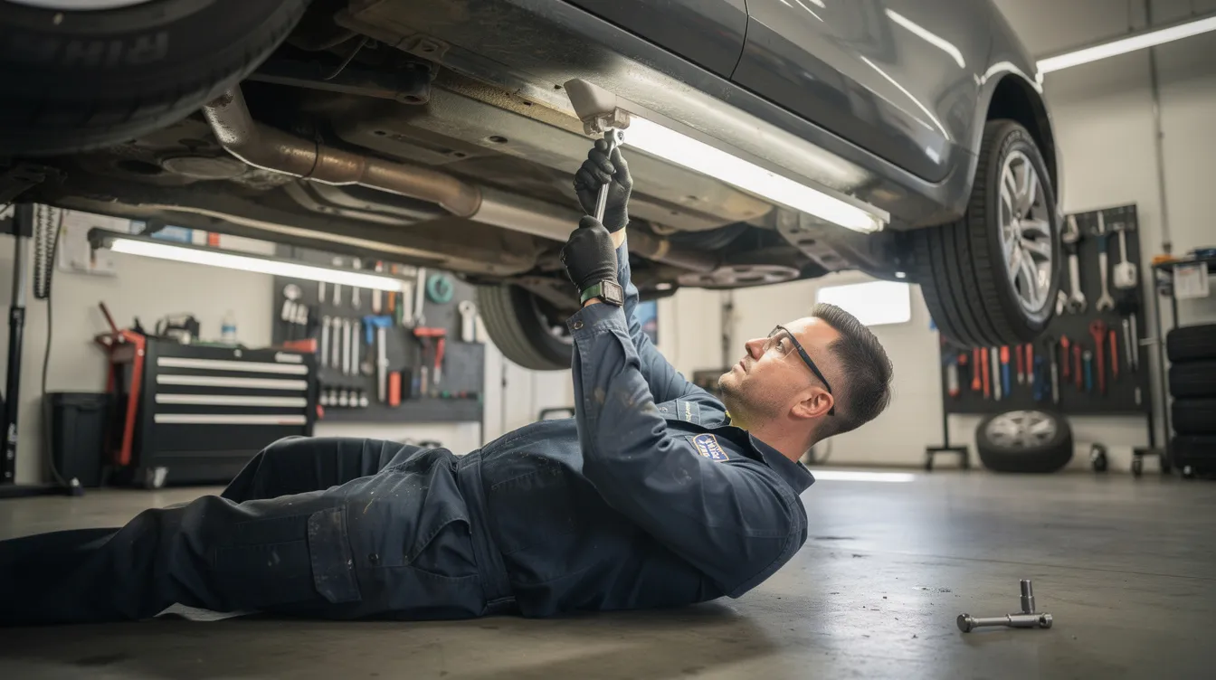A professional mechanic is shown working underneath a car elevated on a lift, surrounded by tools and equipment typical of an auto repair shop. This image highlights the importance of garage liability coverage and business insurance for protecting against risks in the auto repair industry.
