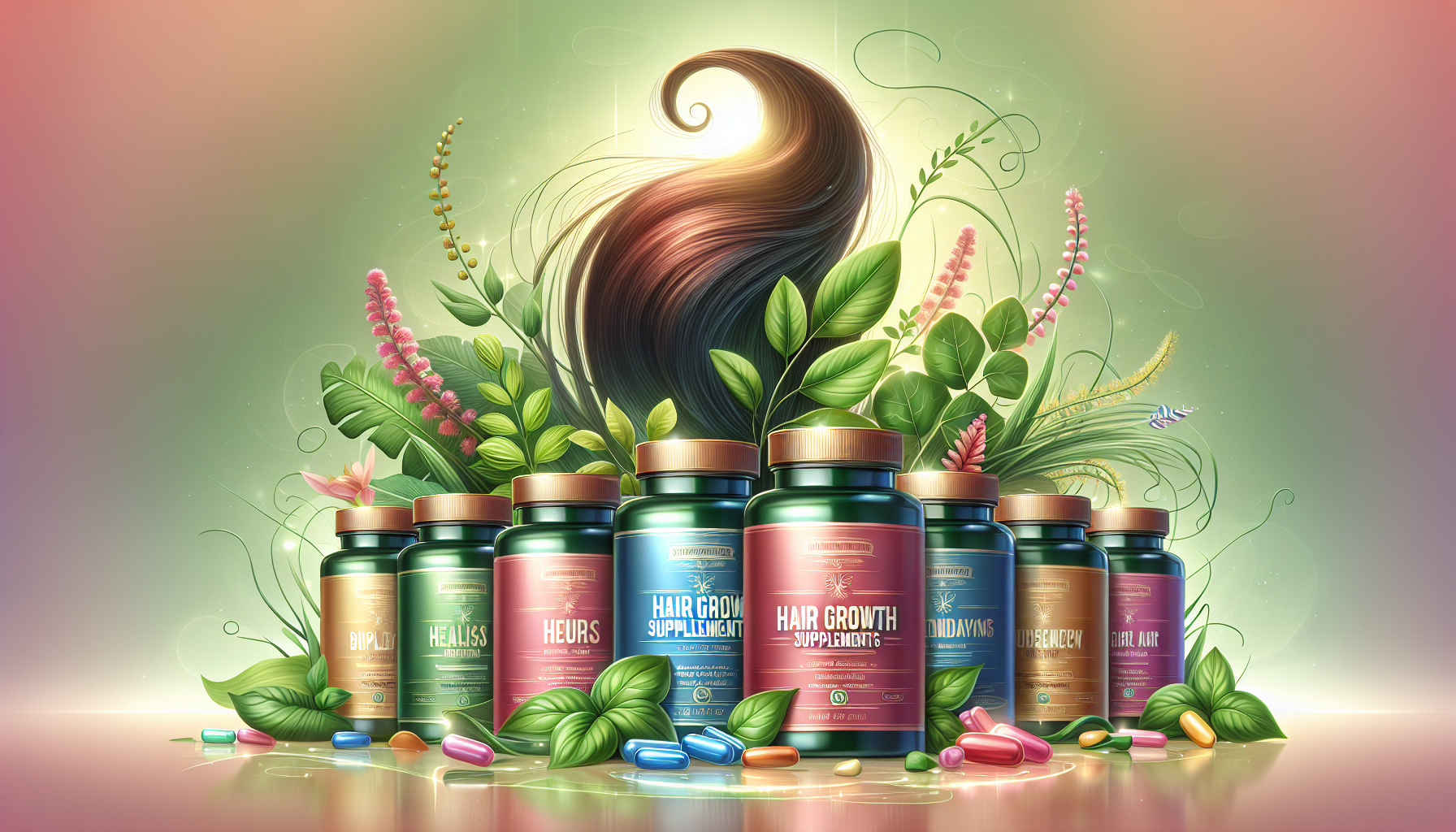 An artistic representation of top-rated hair growth supplements for thicker hair.