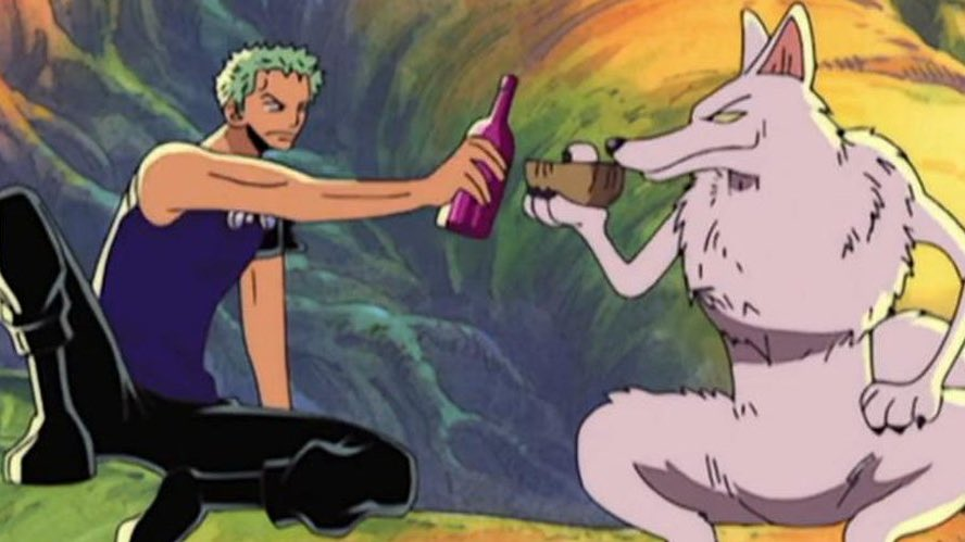 Zoro enjoying Sake with a wolf
