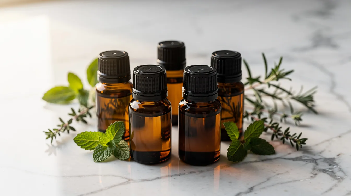The image features several small dark glass bottles filled with various colored oils, including organic castor oil, arranged neatly on a light marble countertop beside fresh herbs. The bottles, likely containing high-quality oils for skin care and hair care, showcase a range of textures and colors, emphasizing their natural and nourishing properties.