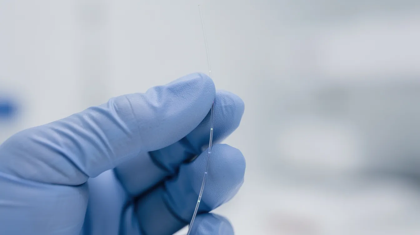 A gloved hand delicately holds a thin fiber optic strand against a pristine clinical background, symbolizing the precision of minimally invasive laser treatments like endolift. This procedure aims to stimulate collagen production and tighten skin, offering a non-surgical alternative for enhancing facial contours and addressing issues like moderate skin laxity.