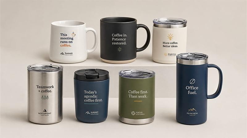 Travel tumblers with short coffee quotes for employee gifts