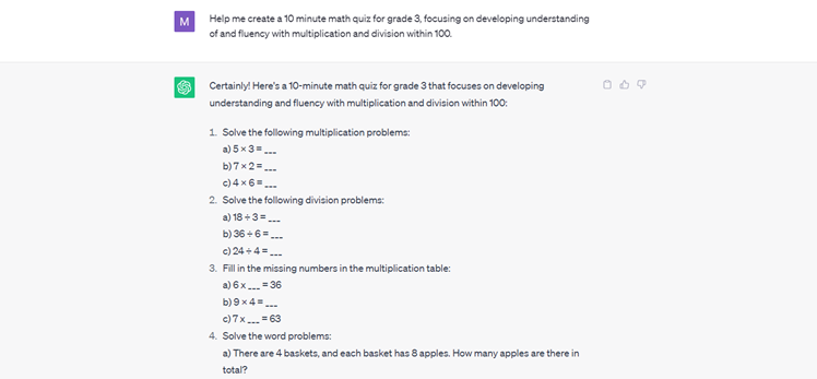 ChatGPT helping create a 3rd grade math quiz.