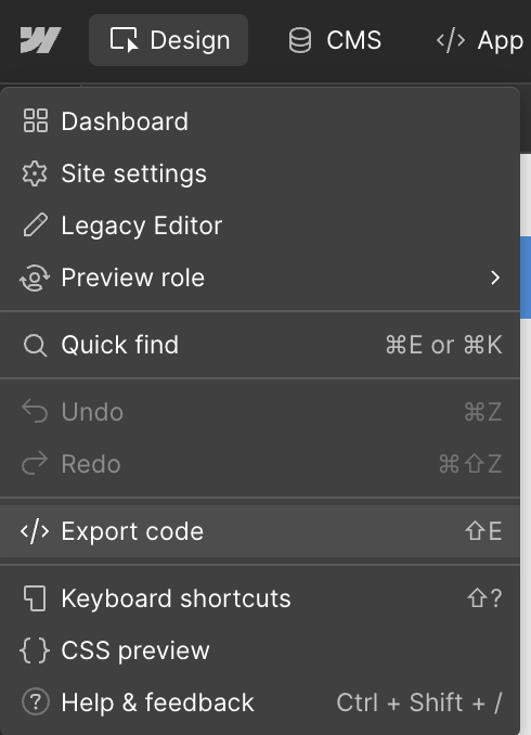 The Export code option in the main menu