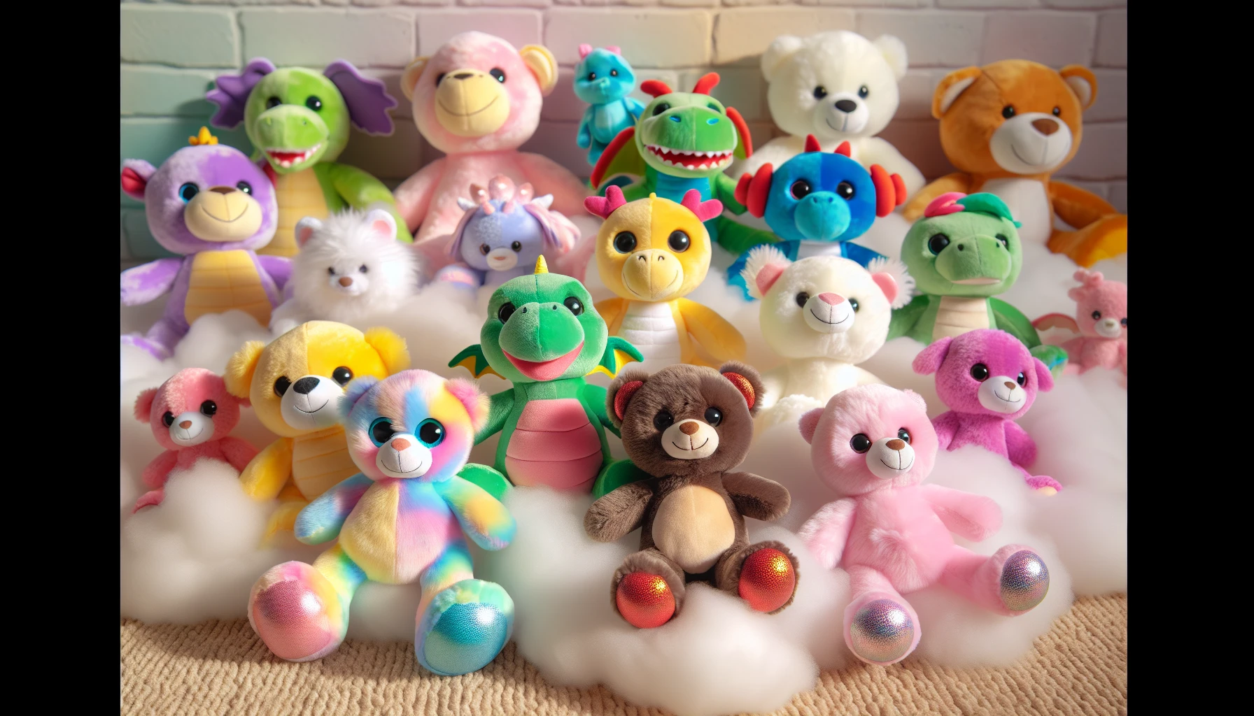 Various types of weighted plush animals including popular characters and themes