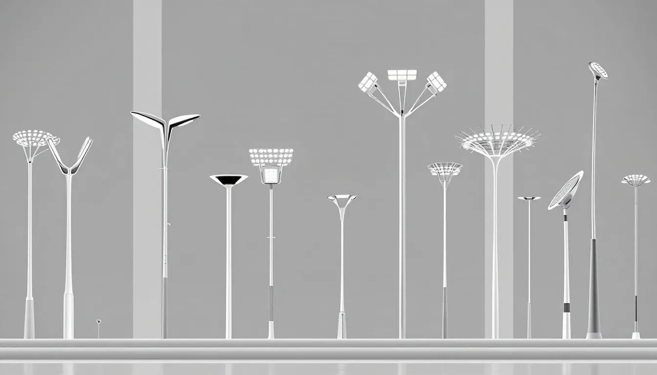 A variety of stadium light poles showcasing different designs and heights.