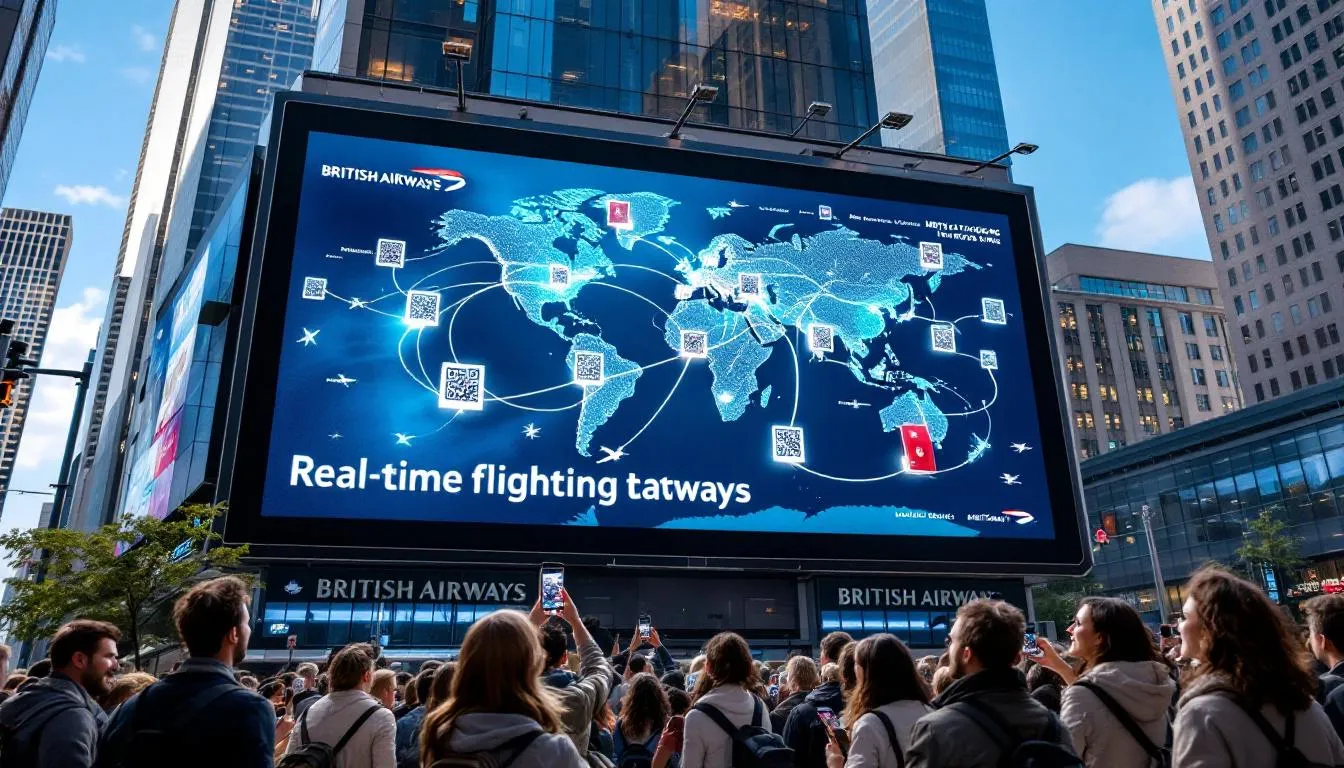 The image showcases British Airways' innovative outdoor advertising campaign featuring a billboard that utilizes real-time flight tracking technology. This immersive marketing strategy engages passersby by connecting them with the excitement of travel and adventure, exemplifying the dynamic approach of a digital marketing agency in Brighton.