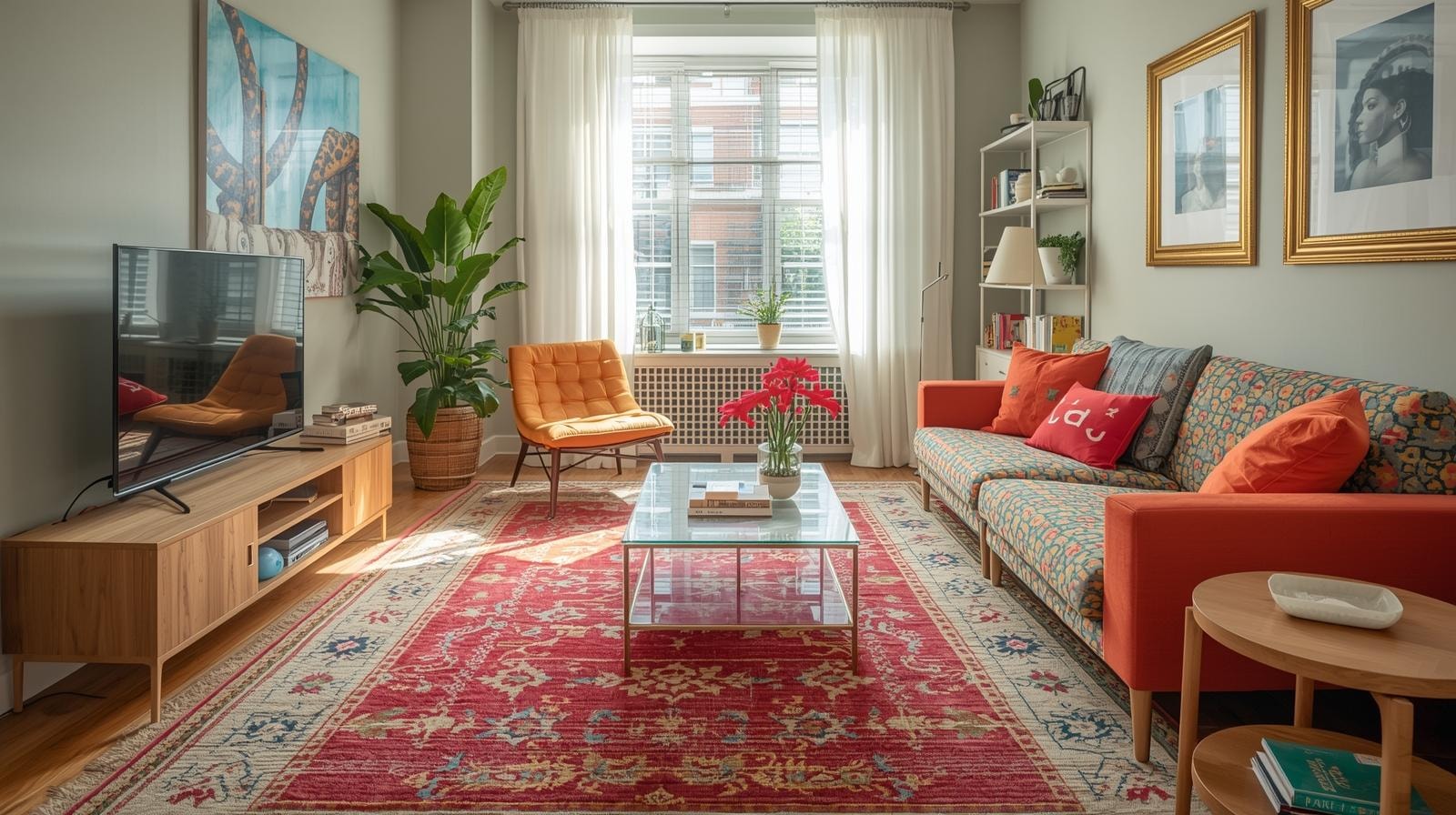 Small living room with a patterned couch and rug, glass and wood accents and a large potted plant.
