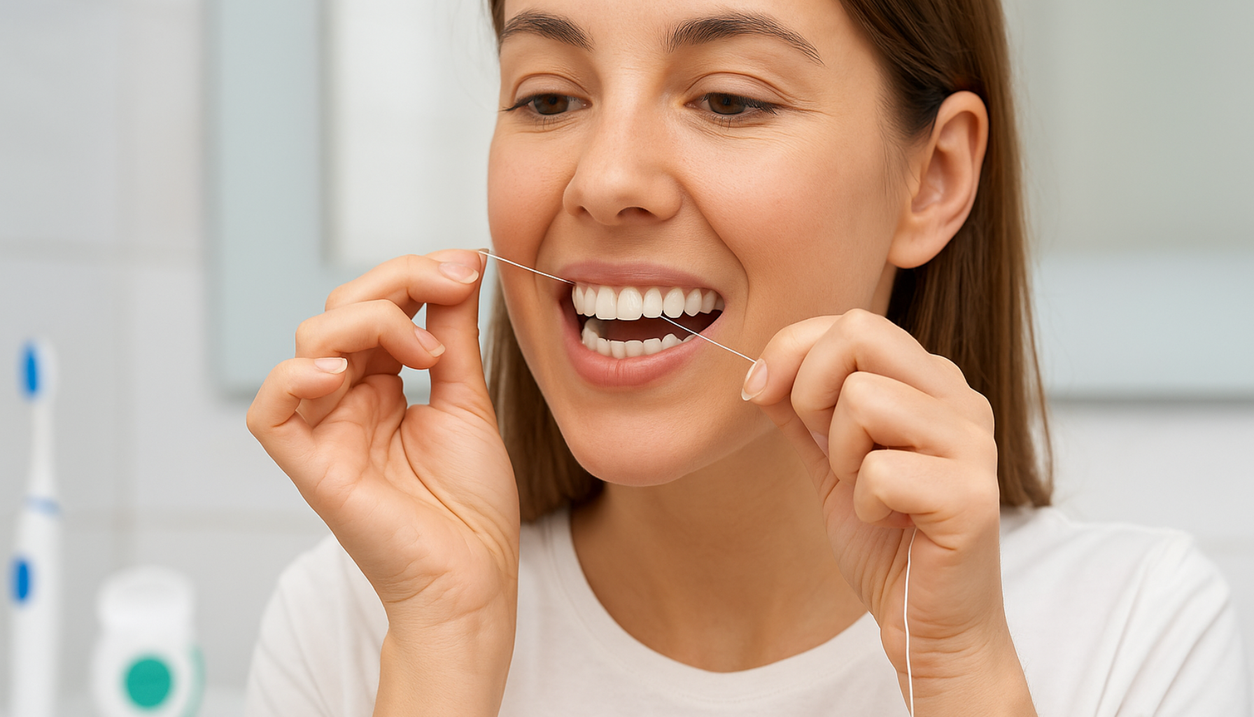 Ung kvinne bruker tanntråd foran speilet på badet, med fokus på grundig rengjøring mellom tennene for god munnhygiene.