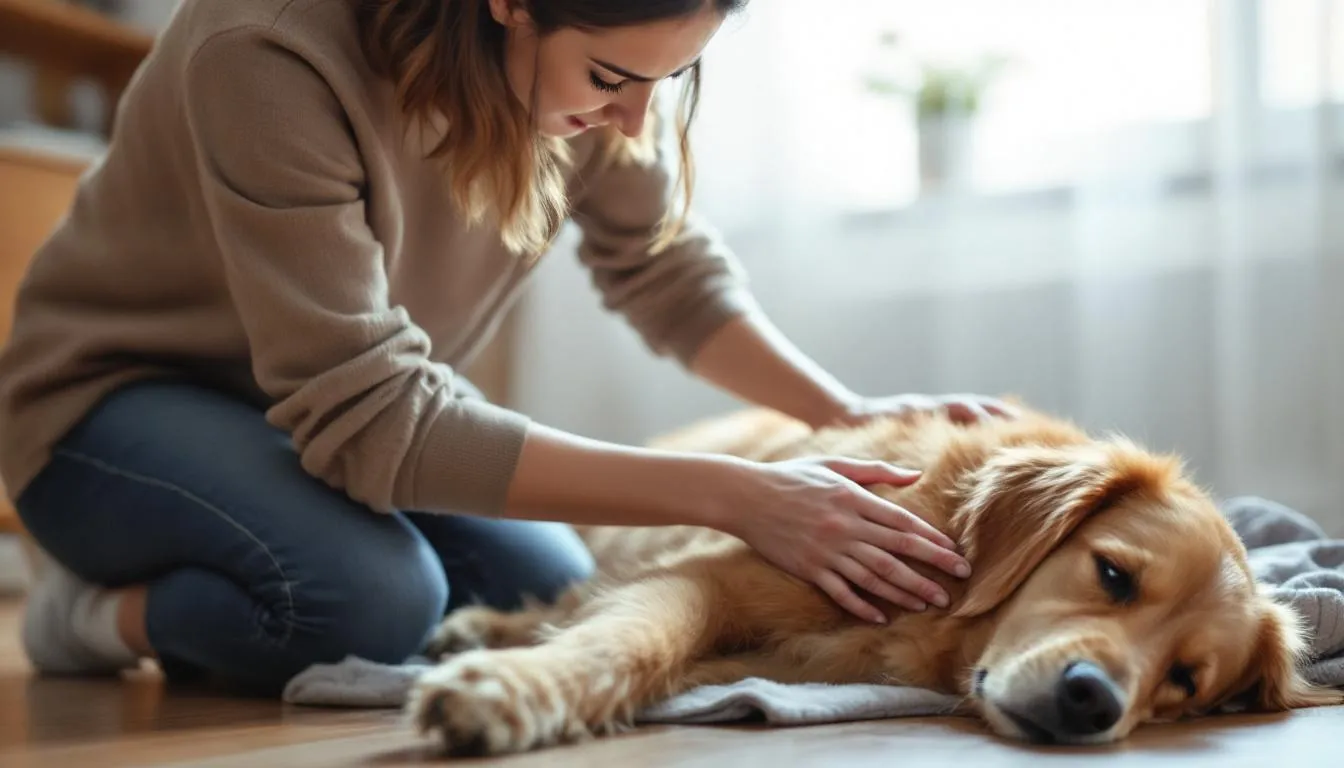 A concerned dog owner is gently examining their pet for any signs of discomfort, ensuring the dog