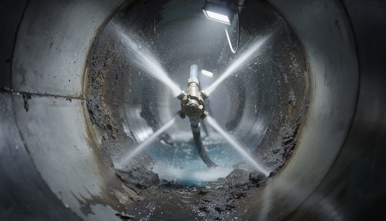 The image shows high-pressure hydro jetting equipment being used to clean a drain pipe, effectively clearing clogs and restoring flow in the plumbing system. This professional drain service utilizes powerful jets of water to remove debris and prevent future drainage issues.