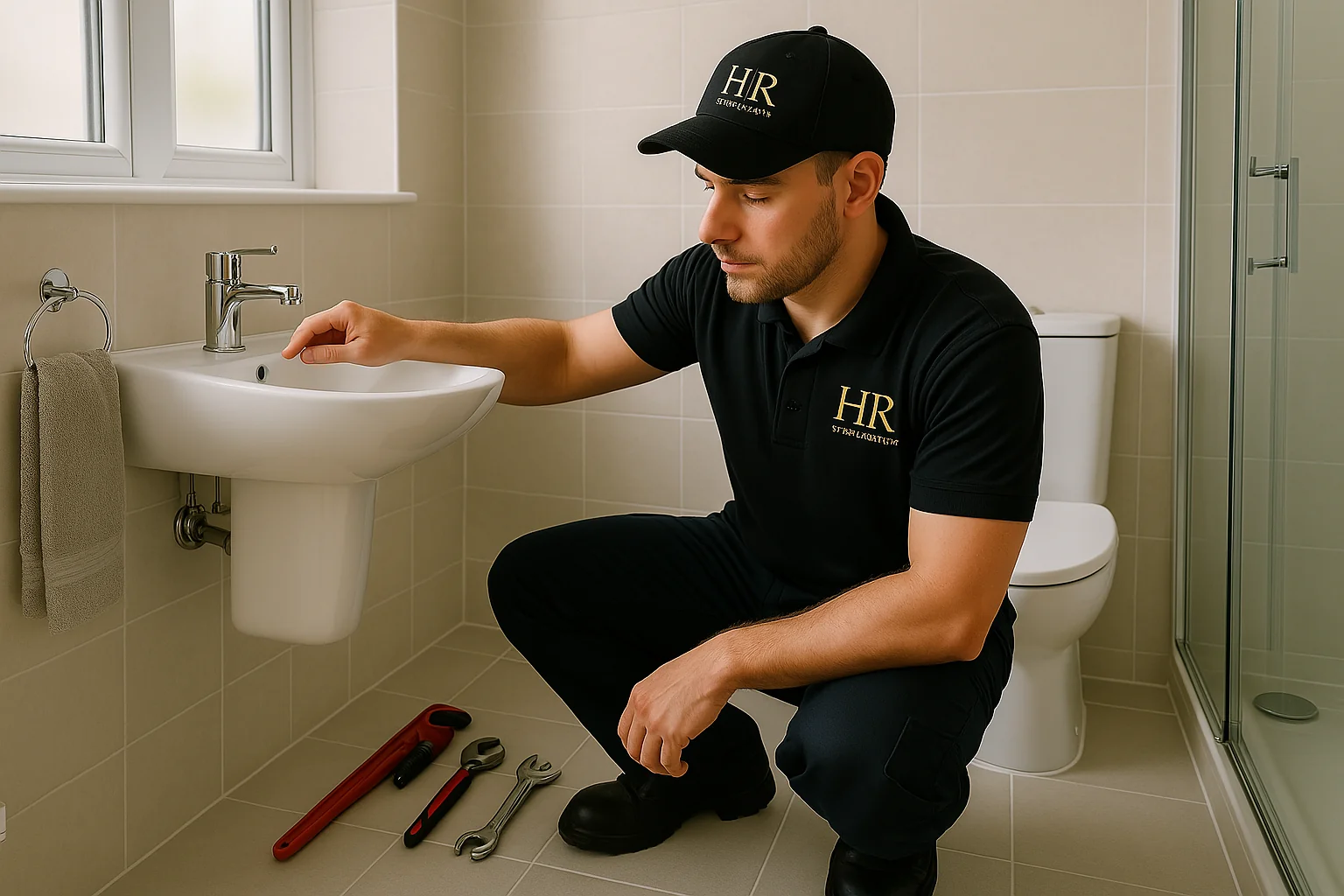 A professional plumber from HR Simply Bespoke inspecting a bathroom sink in a modern UK home.