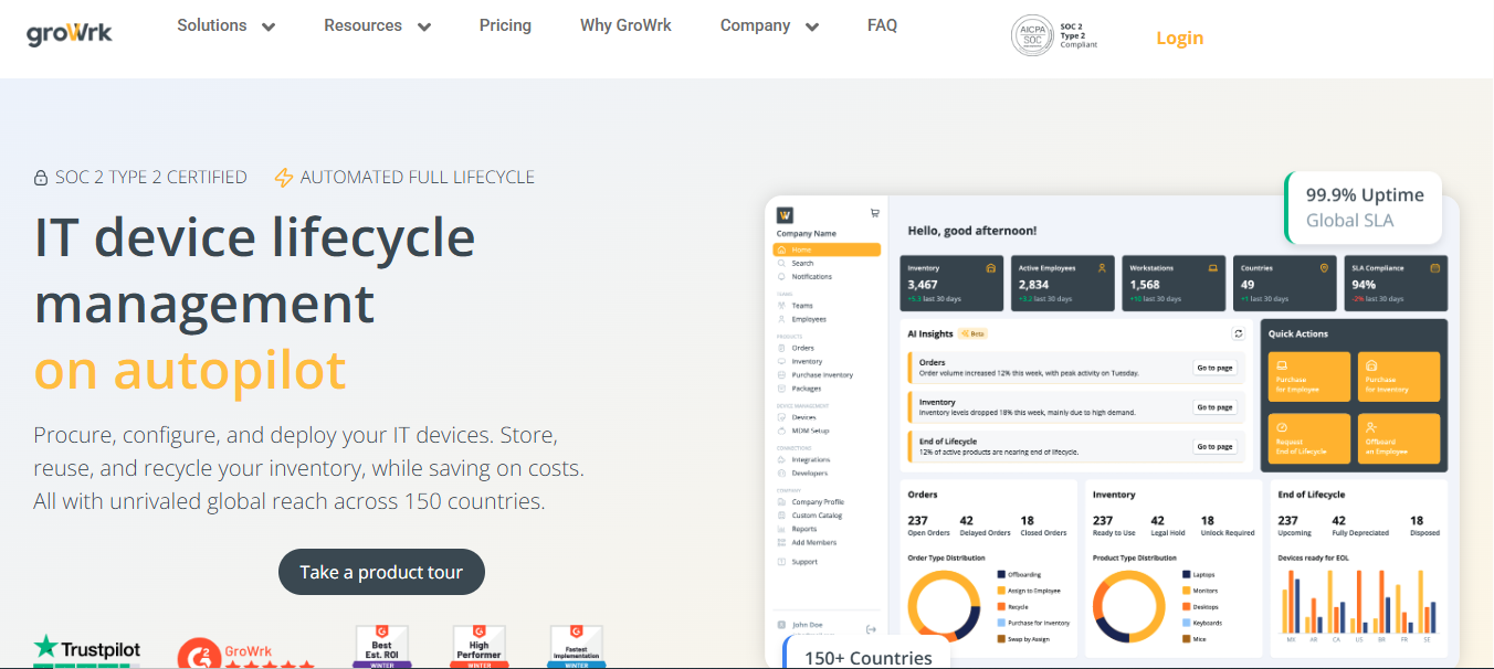 Homepage of GroWrk IT asset management platform