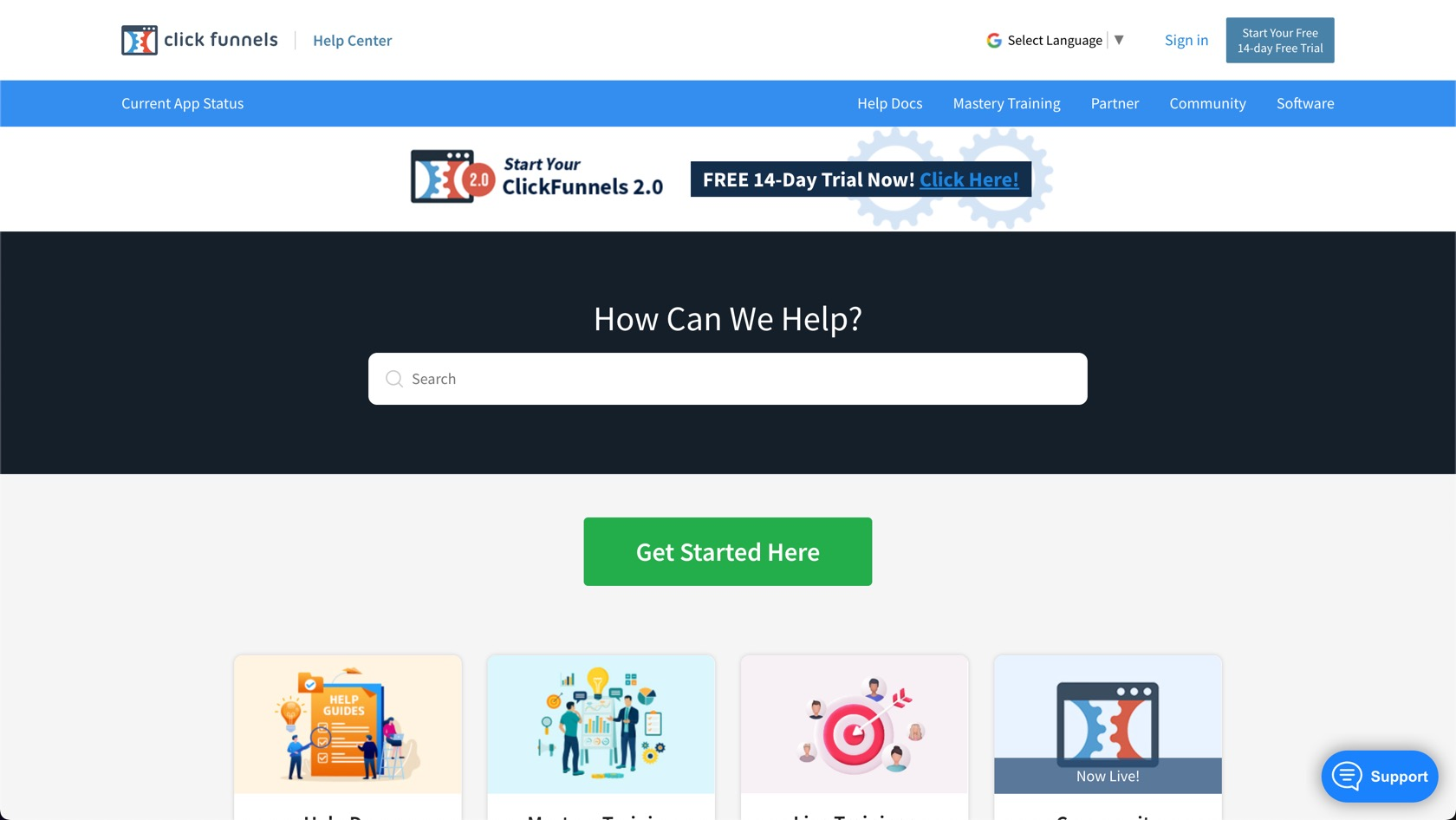 While far from aesthetically pleasing, CickFunnels provides a help center that's very useful for learning more about their product.