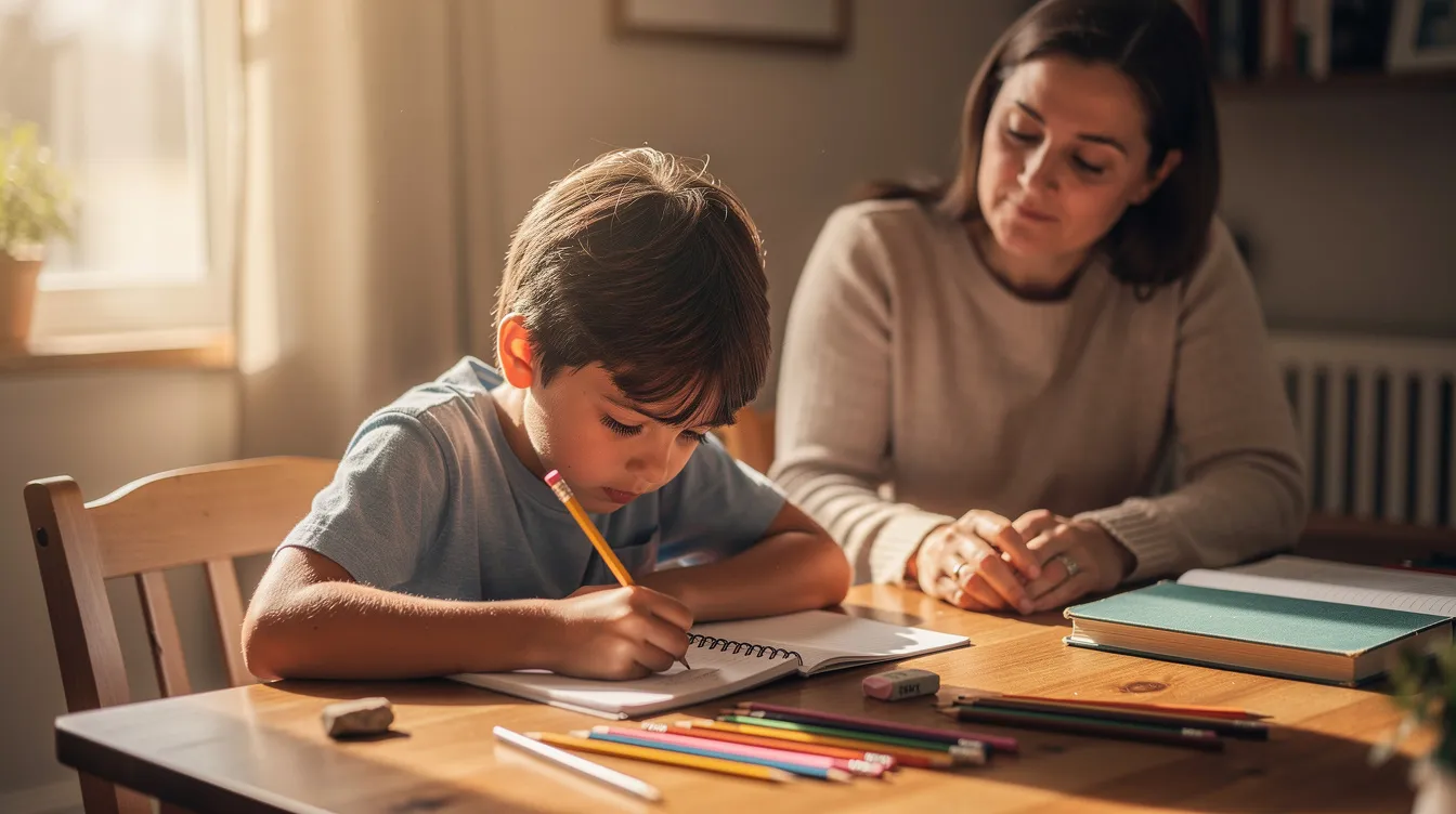 A parent and child are sitting together at a table, with the child focused on writing while the parent observes supportively from a short distance. This scene illustrates the importance of family relationships in a child's education and highlights the critical thinking and cognitive skills involved in the learning process, especially for students who may be struggling with academic difficulties.