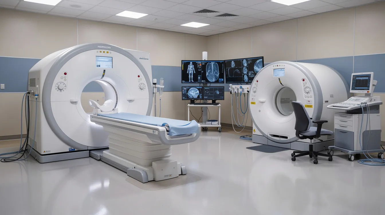 The image shows advanced medical imaging equipment, including an MRI and a CT scanner, situated in a hospital's radiology department, which plays a crucial role in the initial diagnostic tests for cancer patients. These technologies are essential for assessing treatment options and supporting cancer care, especially for underprivileged patients facing high medical expenses.