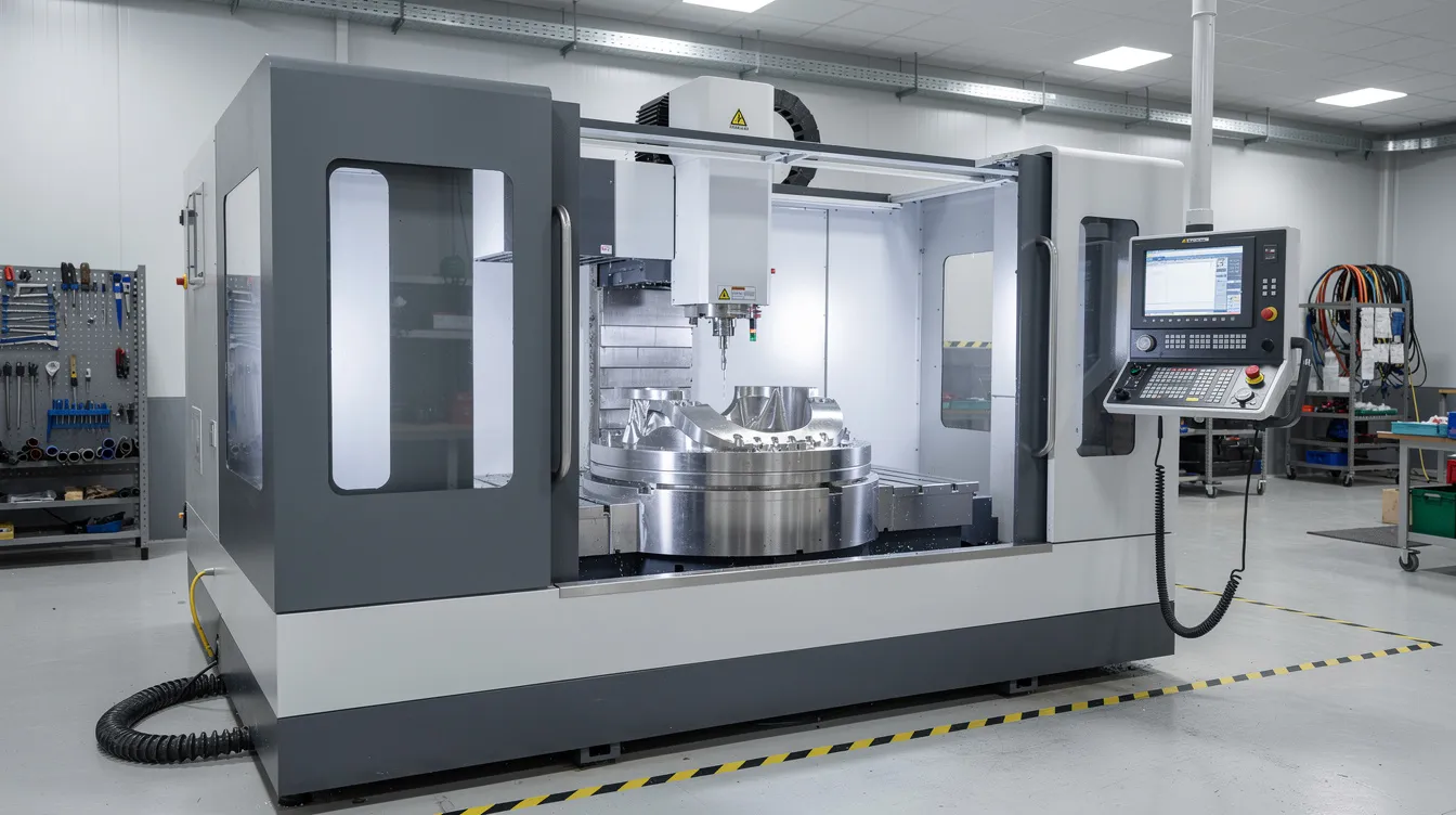 The image shows a large 5-axis CNC machining center situated in a clean industrial workshop, with its spindle precisely positioned over a complex metal workpiece, showcasing the capabilities of CNC machines in producing high-precision components. This setup highlights the advanced CNC technology used in modern manufacturing processes to create intricate designs and complex geometries.
