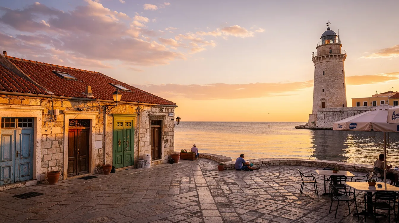 A imagem retrata o centro histórico de Chania, na Grécia, com suas vielas de pedra e casas de arquitetura veneziana, além do famoso porto veneziano. O cenário é emoldurado por águas azuis do mar Egeu, criando uma atmosfera encantadora e convidativa para turistas que visitam essa cidade histórica.