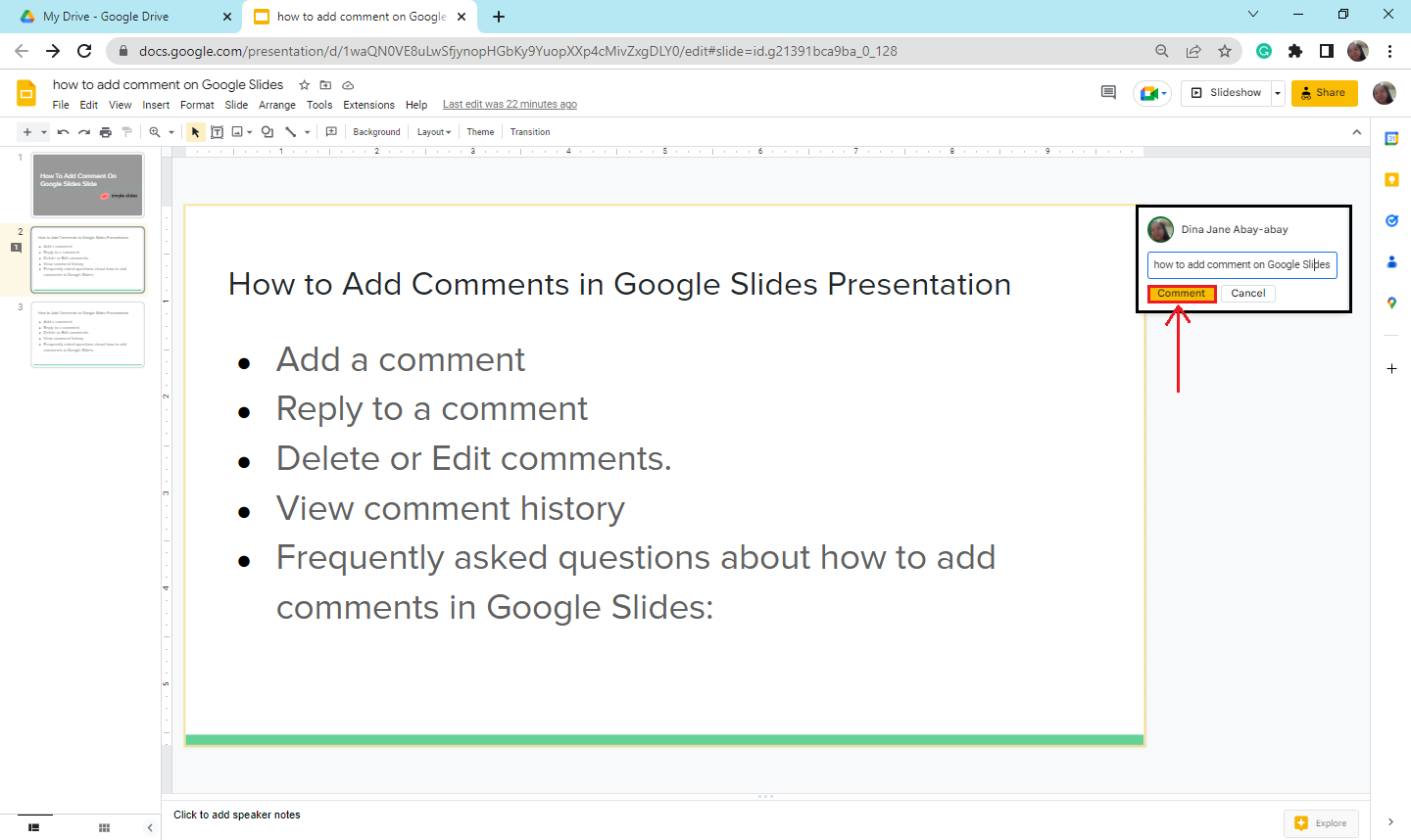 select the "comments" button in the pop-up box.