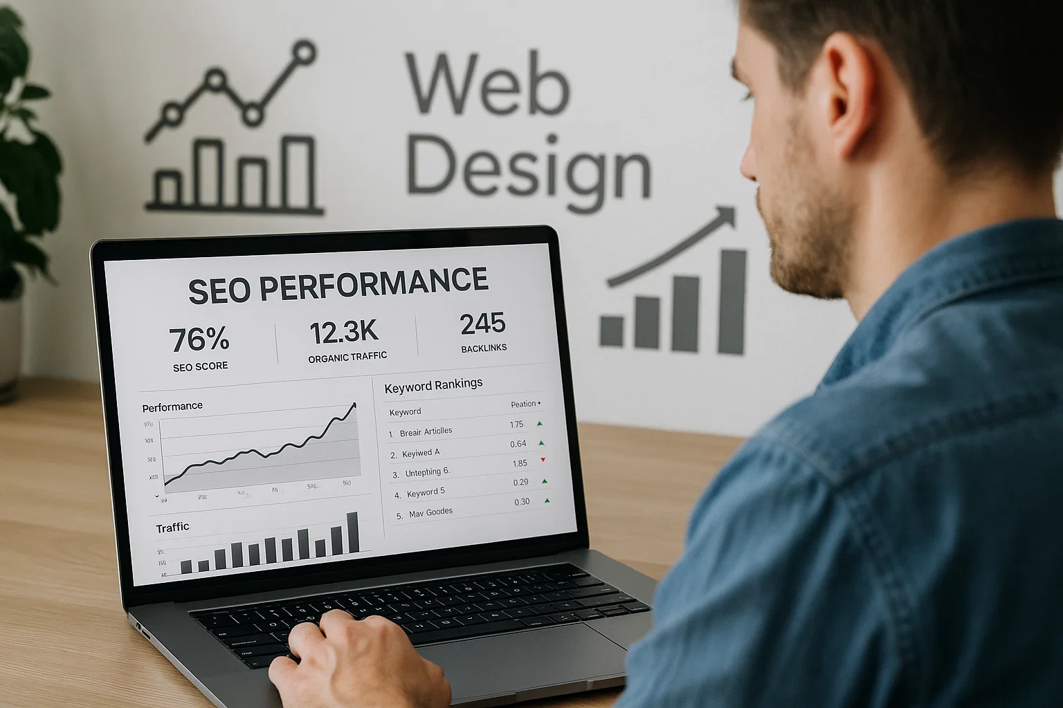 Digital marketing professional analysing SEO performance data and search rankings on a laptop.