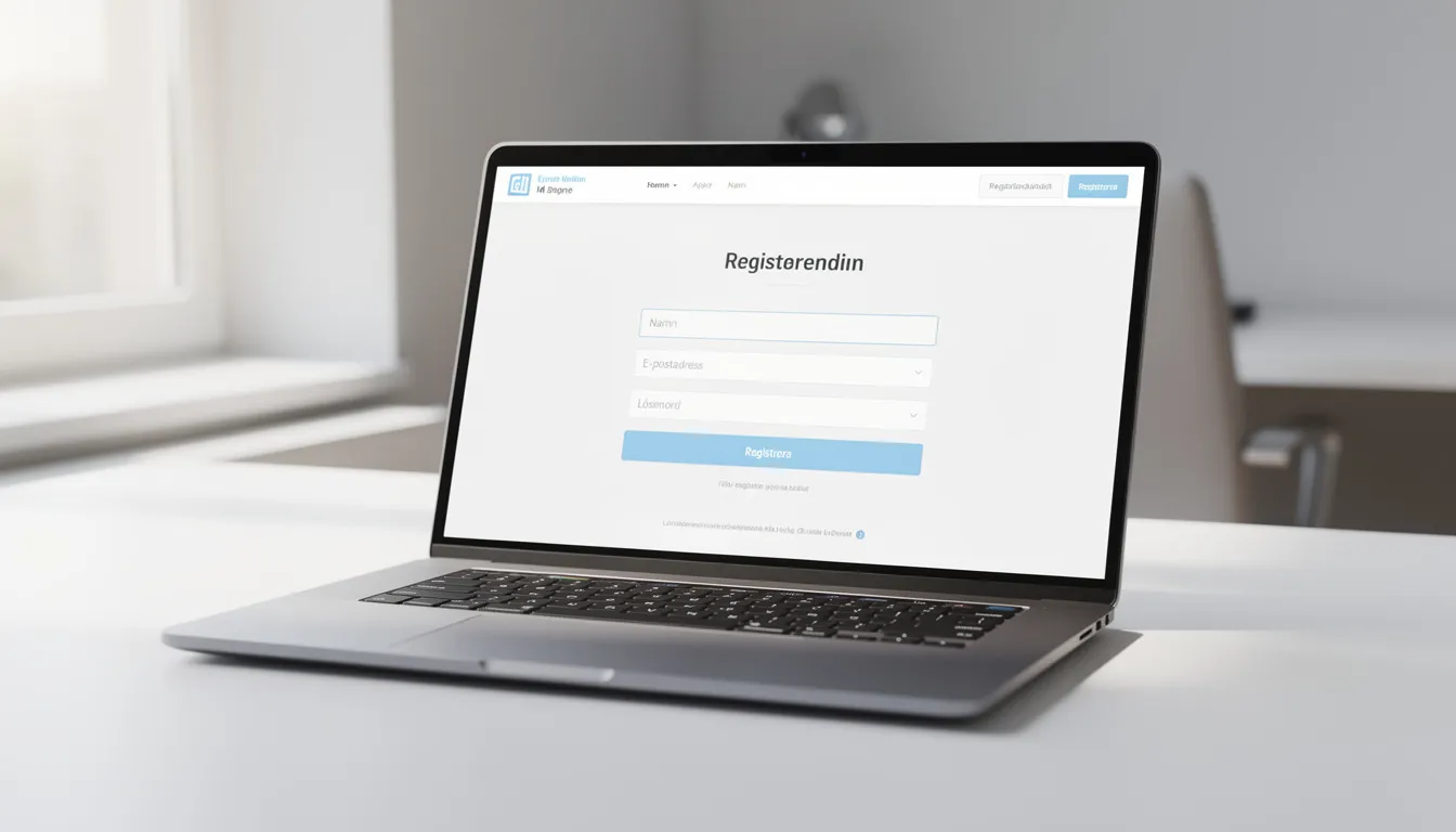 En laptop visar ett registreringsformulär på skärmen, vilket kan användas av spelare som vill registrera sig på ett casino utan svensk licens. Formuläret innehåller fält för personuppgifter och betalningsmetoder, vilket är viktigt för att börja spela på online casinon.