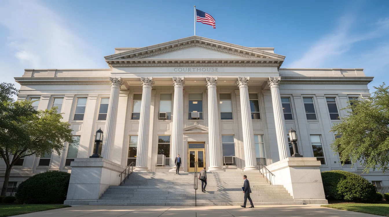 The image depicts a courthouse building, characterized by its large stone façade and imposing columns. This setting is often associated with legal matters, such as court judgments related to debts owed, tax refunds, or federal income tax refunds.